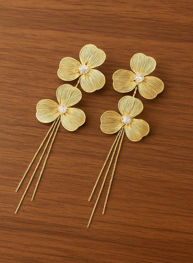 AMAAL Floral Long Dangler Earrings for Women & Girls | Stylish Gold Plated Earrings | Elegant American Diamond Ear Rings | Aesthetic Minimal Fashion Jewellery | Trendy Gift Earrings for Women - Image 5