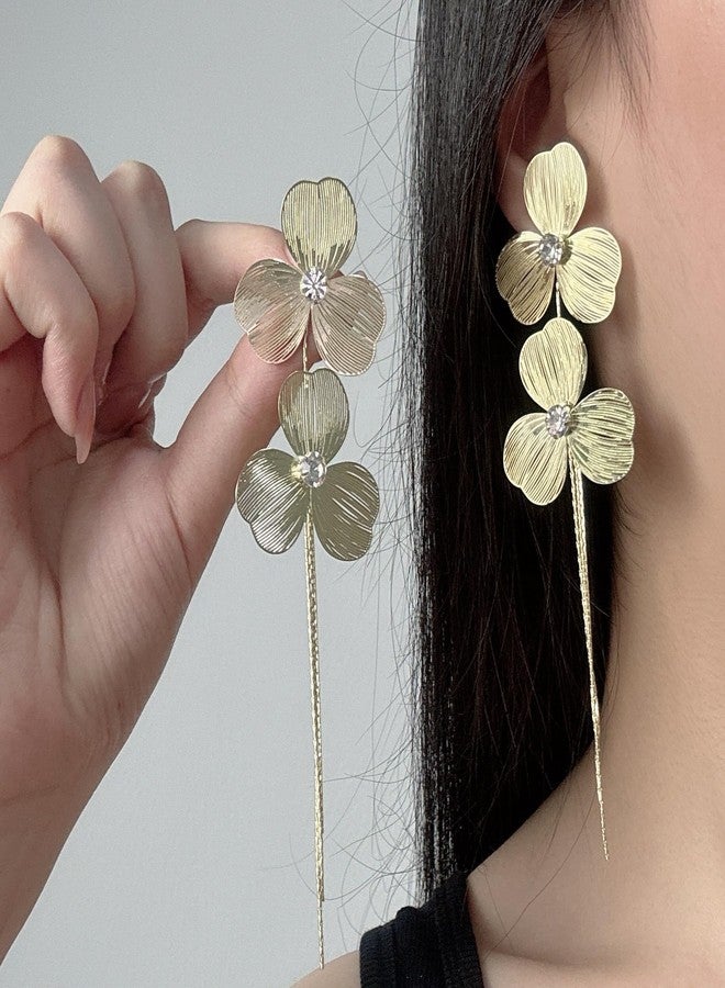AMAAL Floral Long Dangler Earrings for Women & Girls | Stylish Gold Plated Earrings | Elegant American Diamond Ear Rings | Aesthetic Minimal Fashion Jewellery | Trendy Gift Earrings for Women - Image 3