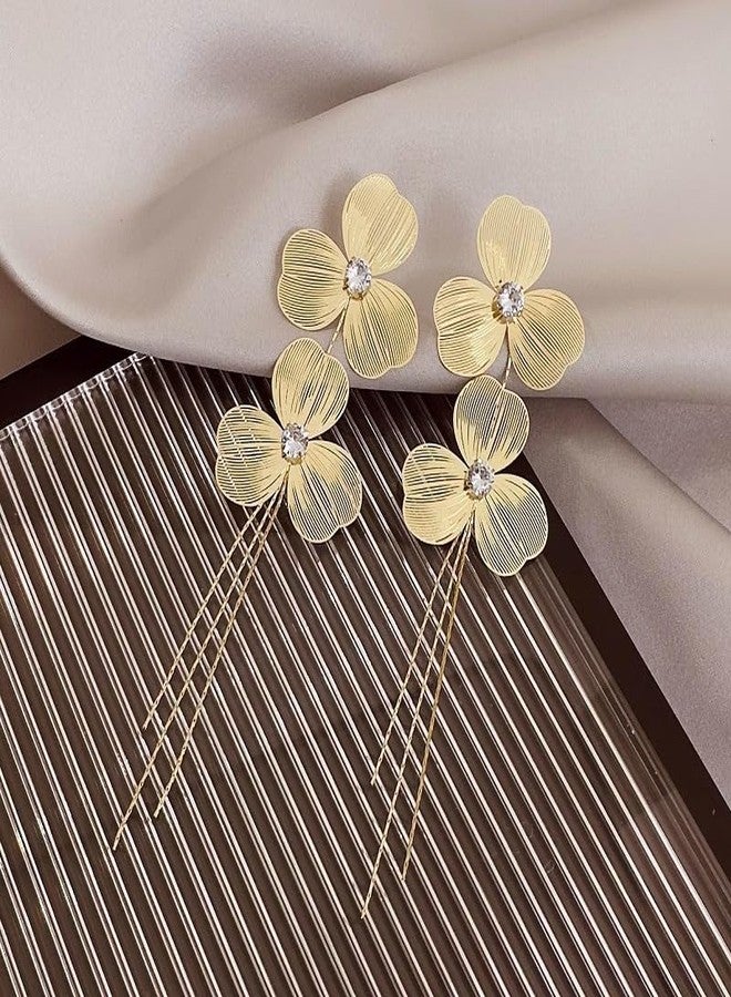 AMAAL Floral Long Dangler Earrings for Women & Girls | Stylish Gold Plated Earrings | Elegant American Diamond Ear Rings | Aesthetic Minimal Fashion Jewellery | Trendy Gift Earrings for Women - Image 2