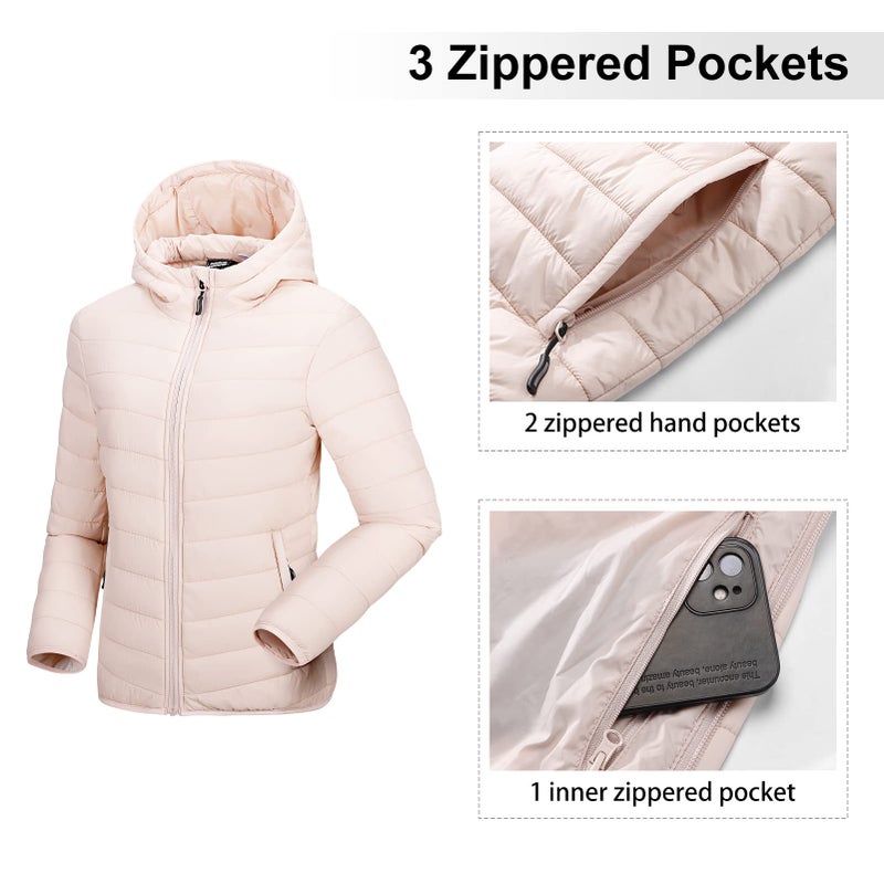 Outdoor Ventures Women's Packable Lightweight Full-Zip Puffer Jacket with Hood Quilted Winter Coat - Image 3