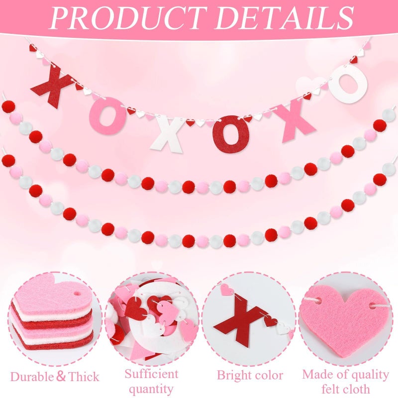 QOUBAI 3pcs Valentine's Day Garland Felt Ball Garland 10ft Pompom Garland Valentine Decorations XOXO Felt Ball Banner for Mantle Fireplace Room Valentine's Day Anniversary Engagement Party Supplies - Image 3