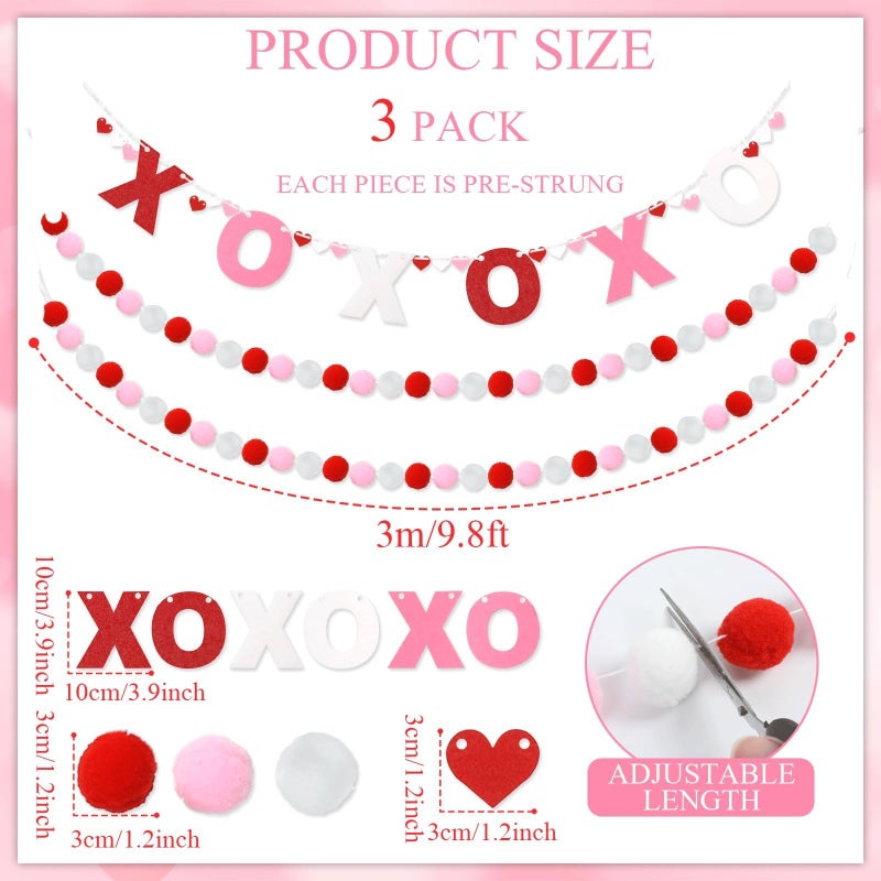 QOUBAI 3pcs Valentine's Day Garland Felt Ball Garland 10ft Pompom Garland Valentine Decorations XOXO Felt Ball Banner for Mantle Fireplace Room Valentine's Day Anniversary Engagement Party Supplies - Image 2