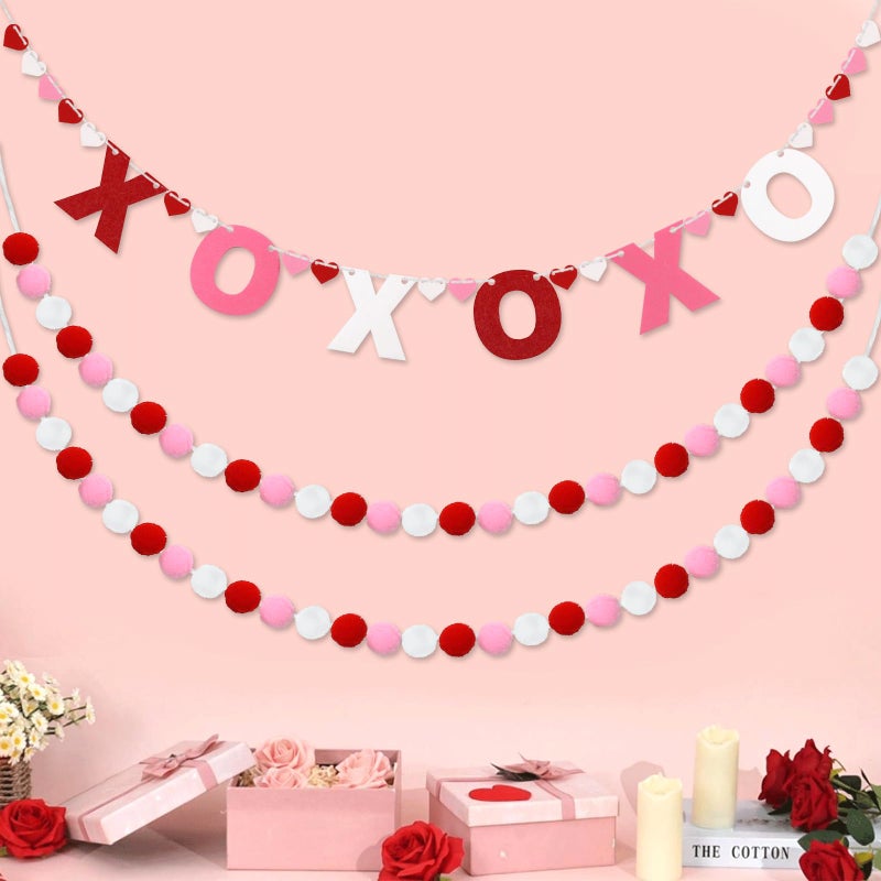 QOUBAI 3pcs Valentine's Day Garland Felt Ball Garland 10ft Pompom Garland Valentine Decorations XOXO Felt Ball Banner for Mantle Fireplace Room Valentine's Day Anniversary Engagement Party Supplies - Image 1