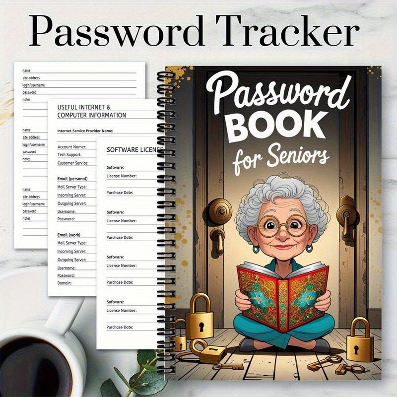 Senior Password Book For Elderly Spiral Notebook Locked Pages Password Organizer Safe Design Vintage Door Graphic Elderly Coding Journal Online Security Tech Gift For Seniors Home Or Office Use Cognitive Stimulation Activity Book - Image 3