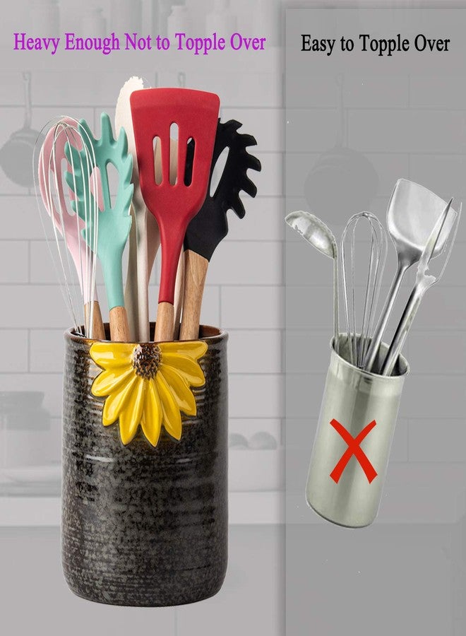 GABROC Utensil Crock, Kitchen Utensil Holder, Ceramic Utensil Holder for Countertop, Cooking Utensil Holder for Kitchen Sunflower Decor Large Kitchen Spatula Holder - Image 4
