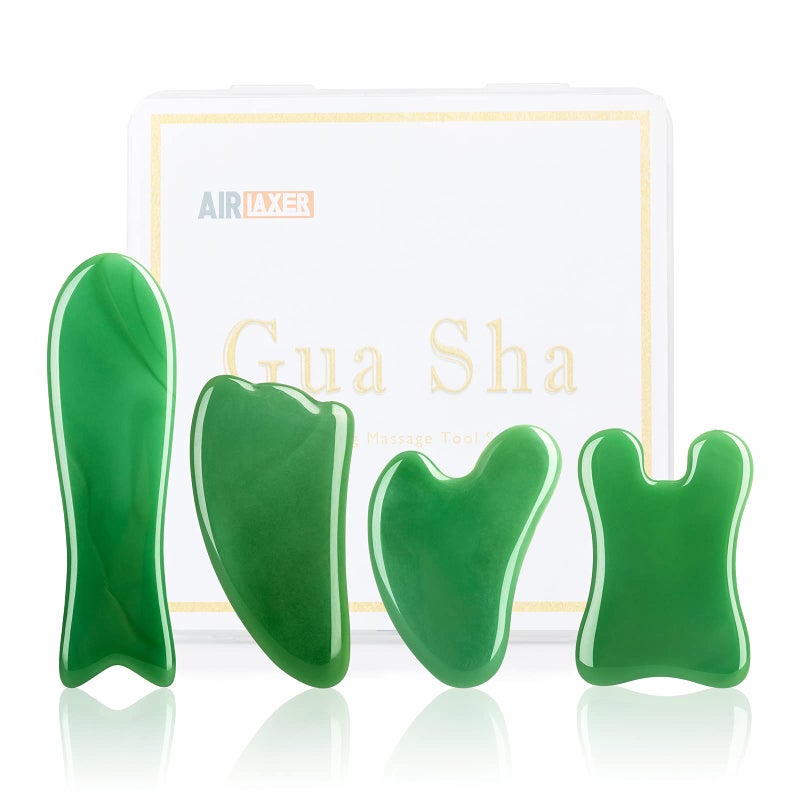 Gua Sha Massage Facial Tool SetGuasha Massager Kit for Face and BodyScraping Massage Board 4piece Set Physical TherapyGuasha Jade Stone also be Used on the Chin faceNeck and Back green