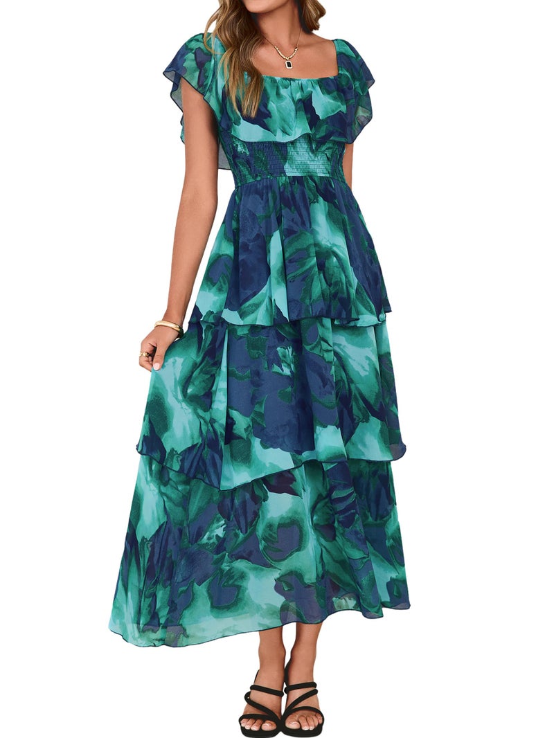 Simplee Womens Floral Wedding Guest Dress Spring Summer 2026 Chiffon Boho Off Shoulder Smocked Tiered Flowy Maxi Dresses(Green S) - Image 1
