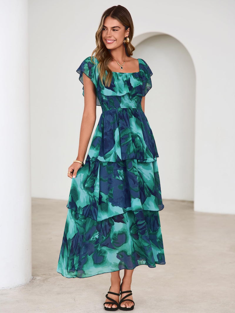 Simplee Womens Floral Wedding Guest Dress Spring Summer 2026 Chiffon Boho Off Shoulder Smocked Tiered Flowy Maxi Dresses(Green S) - Image 2