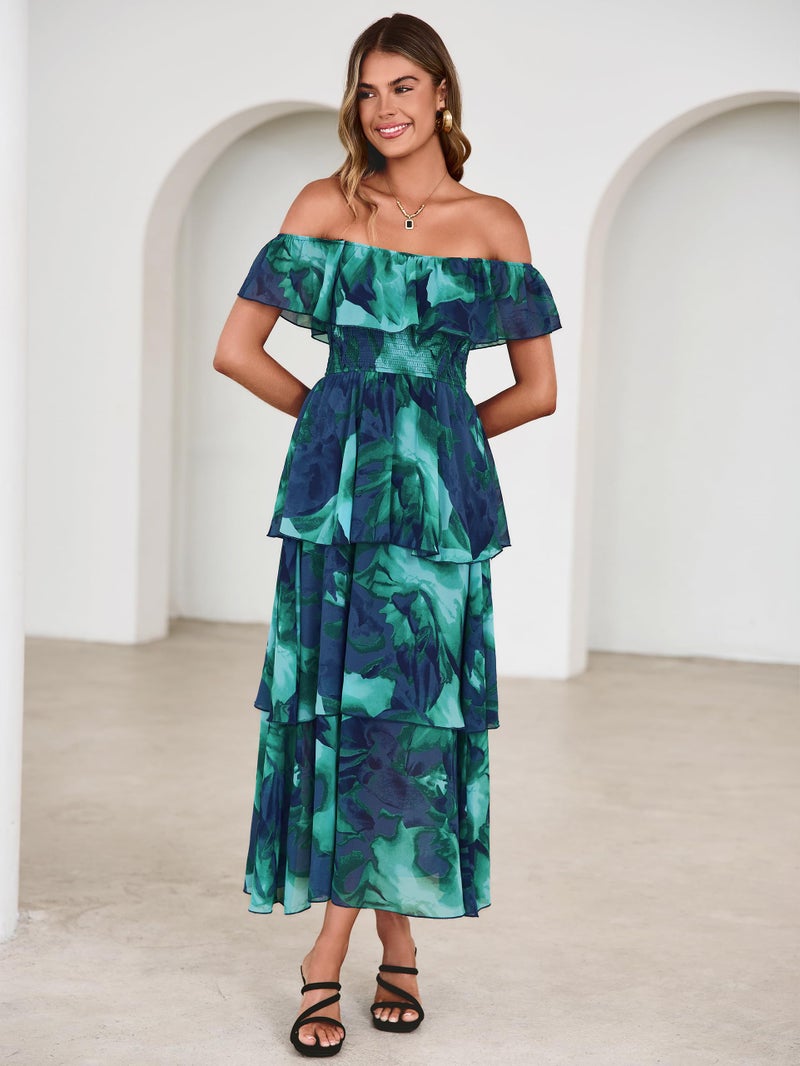 Simplee Womens Floral Wedding Guest Dress Spring Summer 2026 Chiffon Boho Off Shoulder Smocked Tiered Flowy Maxi Dresses(Green S) - Image 4