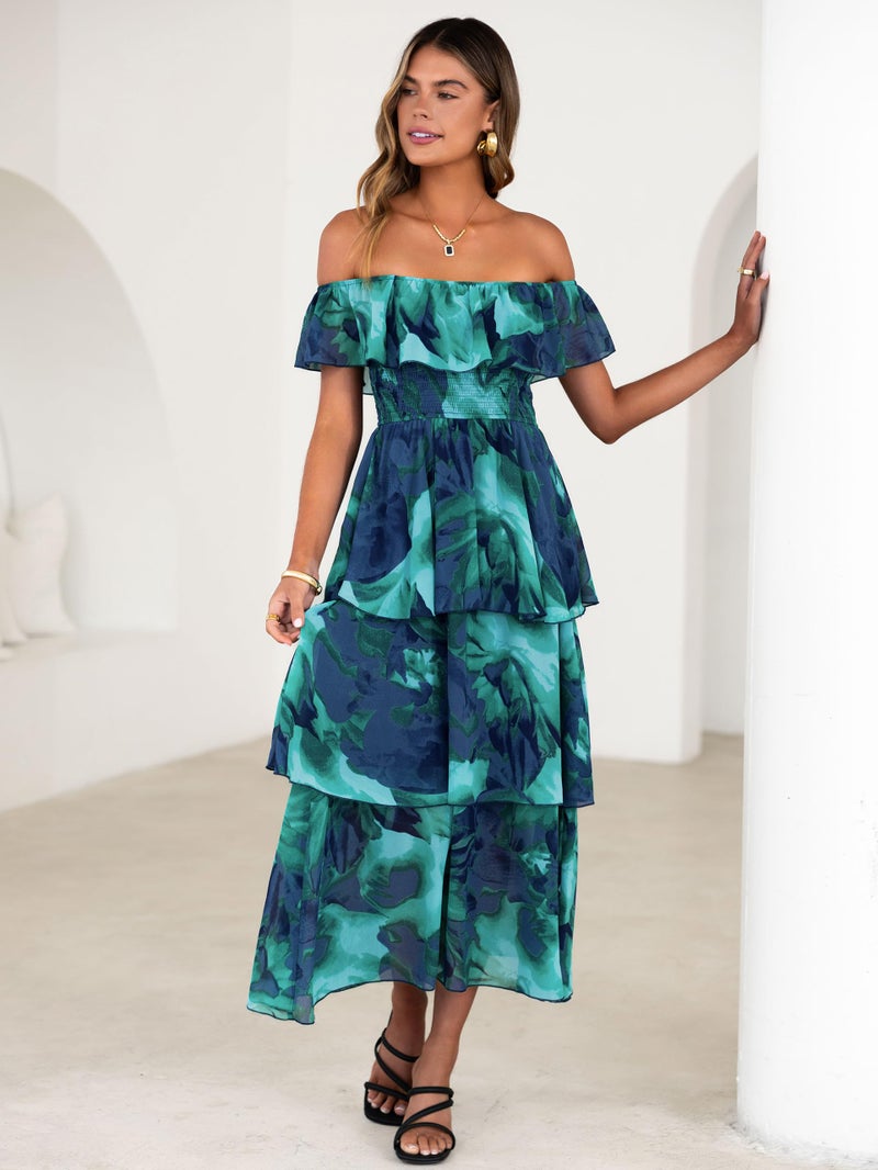 Simplee Womens Floral Wedding Guest Dress Spring Summer 2026 Chiffon Boho Off Shoulder Smocked Tiered Flowy Maxi Dresses(Green S) - Image 3