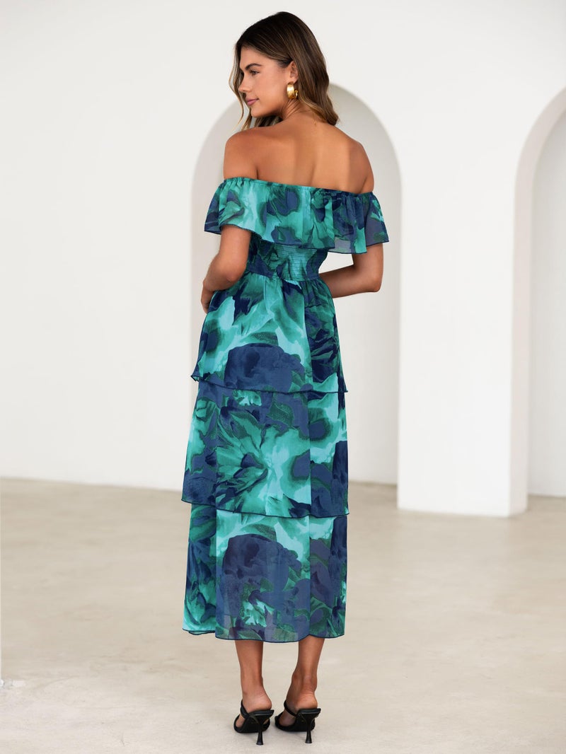 Simplee Womens Floral Wedding Guest Dress Spring Summer 2026 Chiffon Boho Off Shoulder Smocked Tiered Flowy Maxi Dresses(Green S) - Image 5