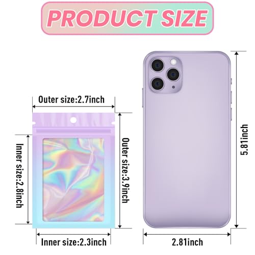 Funfery 100 Pack Gradient Holographic Bags,2.7×3.9In Mylar Resealable Bags with Zipper,Clear Window Packaging Pouch,Smell Proof Foil Bag for Food Storage,Sample Jewelry Baggies(Purple Blue) - Image 2