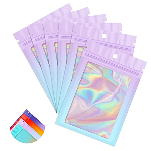 Funfery 100 Pack Gradient Holographic Bags,2.7×3.9In Mylar Resealable Bags with Zipper,Clear Window Packaging Pouch,Smell Proof Foil Bag for Food Storage,Sample Jewelry Baggies(Purple Blue) - Image 1