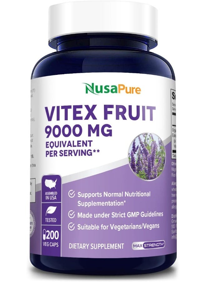 NusaPure Vitex Chasteberry Fruit 20:1 Extract 9,000 mg -200 Veggie Caps 200 Days Supply (Non-GMO, Gluten Free) - Image 1