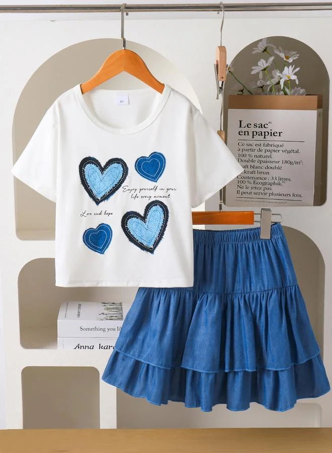 Take Two Girls Heart Graphic Print T-Shirt and Ruffle Skirt Set