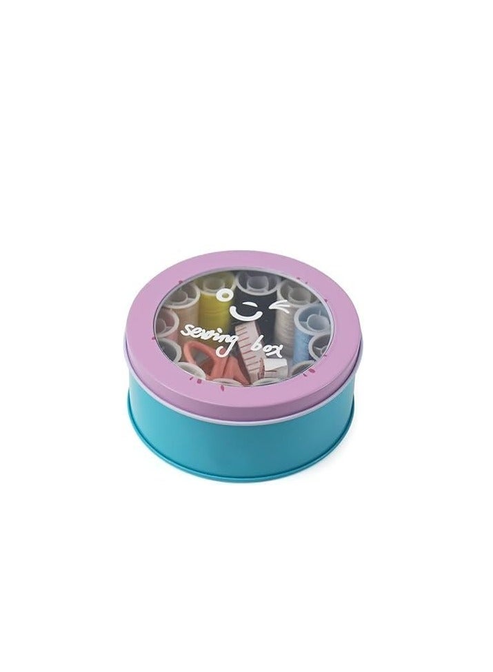 سبيس شوب صندوق أدوات خياطة معدني صغير مع مجموعة خيوط، حاوية تخزين دائرية (متعدد الألوان) - Image 1