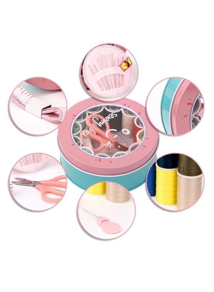 سبيس شوب صندوق أدوات خياطة معدني صغير مع مجموعة خيوط، حاوية تخزين دائرية (متعدد الألوان) - Image 2