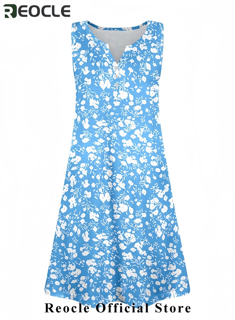 REOCLE Dresses for Women Casual Summer Boho Beach Dress Loose V Neck Sleeveless Sundresses Swimsuit Coverup with Pockets - Image 5