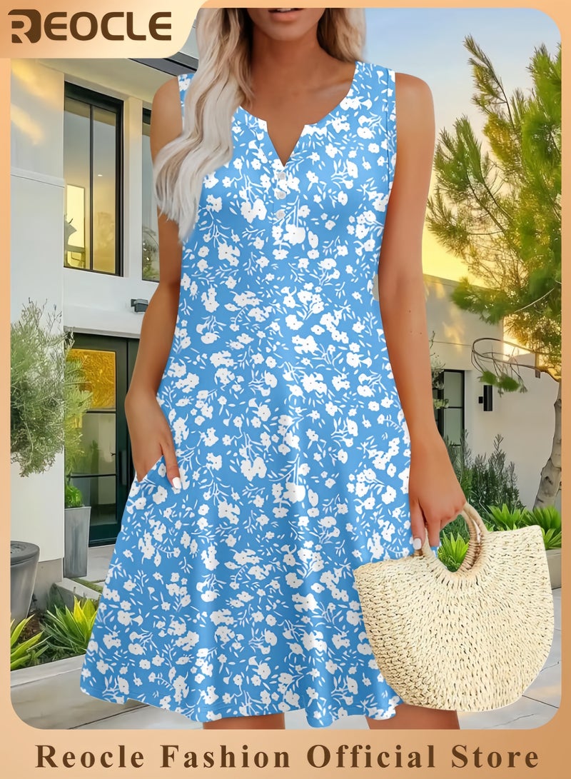 REOCLE Dresses for Women Casual Summer Boho Beach Dress Loose V Neck Sleeveless Sundresses Swimsuit Coverup with Pockets - Image 1