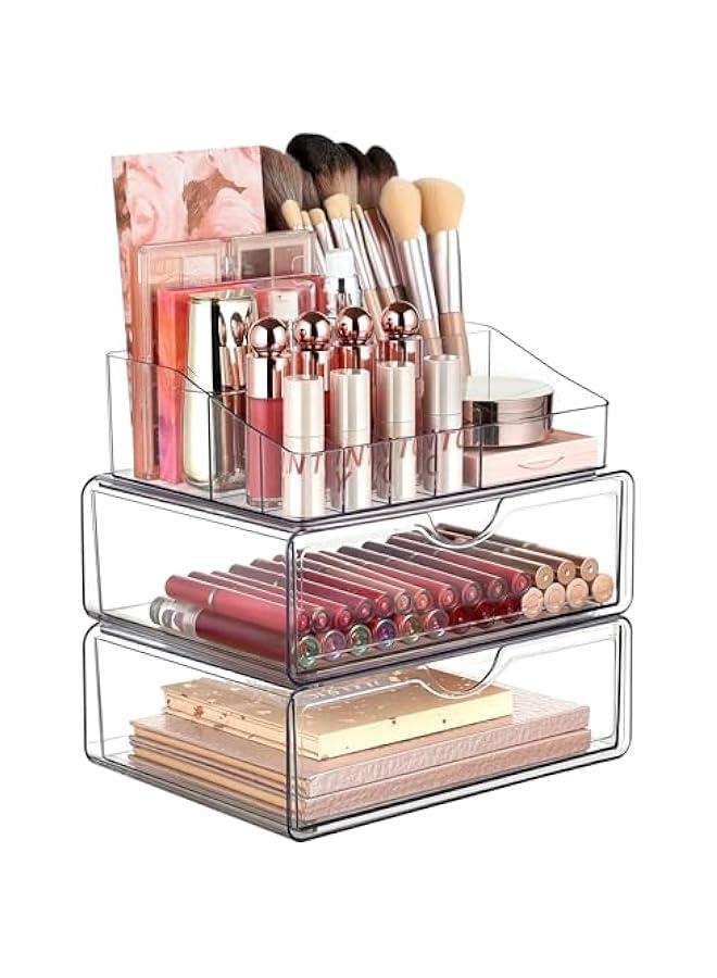 HOOKOR Durku Acrylic Makeup Organizer for Vanity Countertop,3 Tier Clear Makeup Organizer with Drawer, Cosmetic Storage for Dresser Countertop and Bathroom Vanity, Beauty Holder for Lipstick Brush Skincare - Image 1