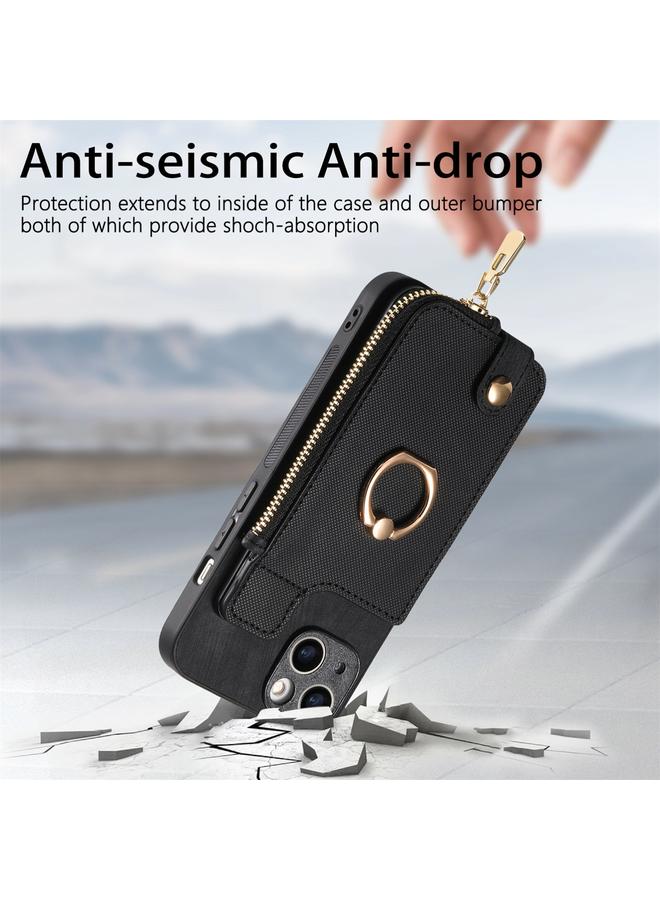 S-TOP Case For iPhone 14 Cross Leather Ring Vertical Zipper Wallet Back Phone Case - Image 2