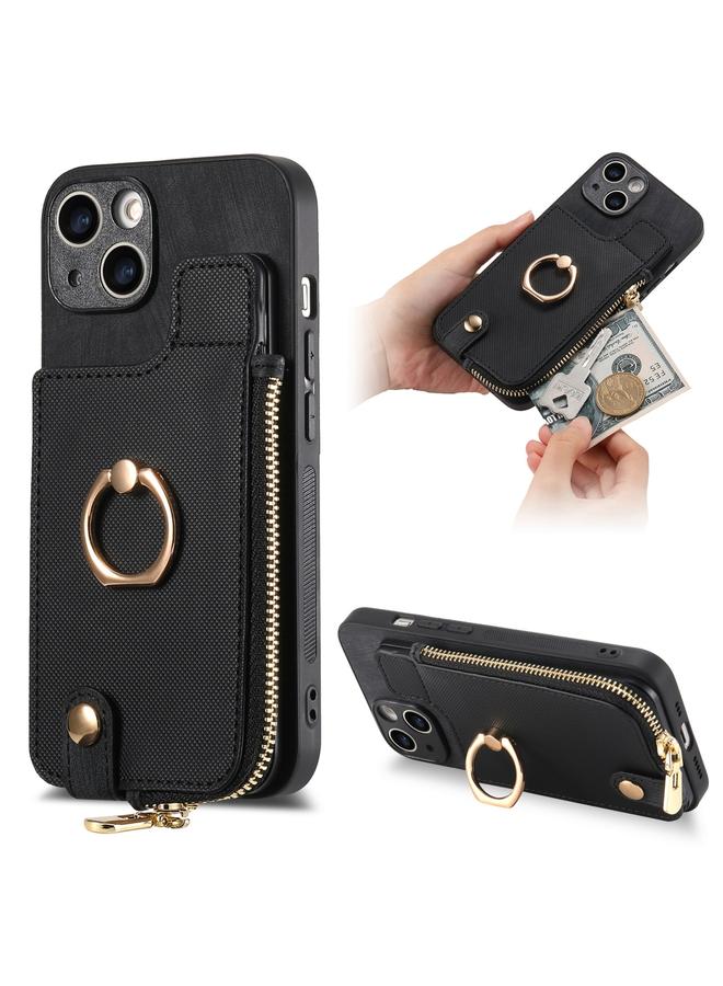 S-TOP Case For iPhone 14 Cross Leather Ring Vertical Zipper Wallet Back Phone Case - Image 1