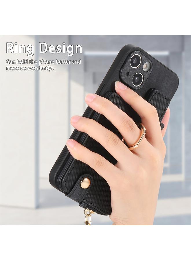 S-TOP Case For iPhone 14 Cross Leather Ring Vertical Zipper Wallet Back Phone Case - Image 4