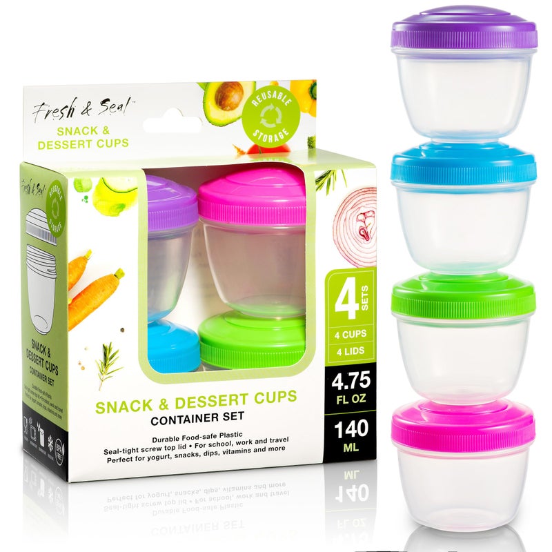 MosJos Snack Containers (4 Set) - 4.75 Oz Small Food Storage Cups with Lids - Fruit, Nuts, Sauce, Condiments & Salad Container for Lunch Box - Reusable Dessert Cups, Microwave & Freezer Friendly, BPA-free - Image 1