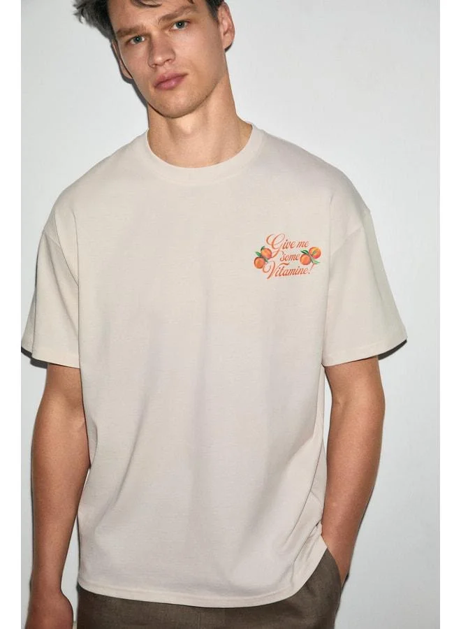 GRIMELANGE FILIERO Men's 100% Organic Cotton Printed Detailed Round Neck Regular Fit Vanilla T-Shirt.