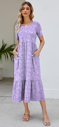 Jeqeocafy Summer Dresses for Women Flowy Maxi Sundress Short Sleeve Tiered Beach Dress with Pockets 2026 Vacation Travel - Image 2