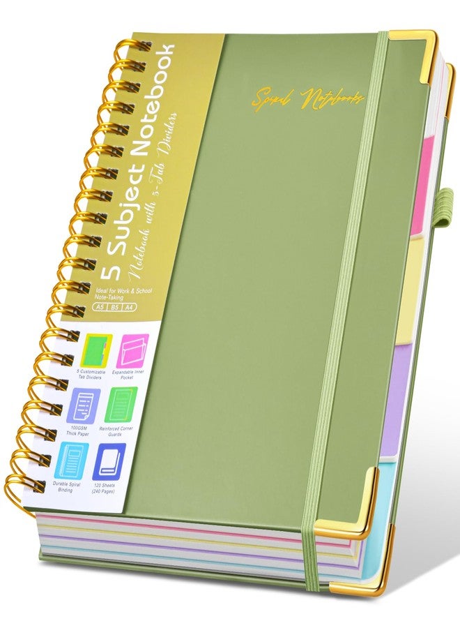 dilitego Hardcover Spiral Notebooks for Work, 5 Subject Notebook College Ruled with Dividers Tabs, Lined Organizer Notebook Journal for women, 240 Pages Small A5 Notebooks for School Note taking, 5x7 Green - Image 1