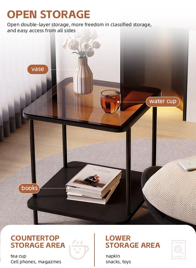 Ammar Space Square 2-Tier Side Table Black Frame & Grey Glass Top Modern Living Room End Table with Storage Coffee Table for Living Room Sofa, Suitable for Study, Bedroom 40x40x53cm - Image 4