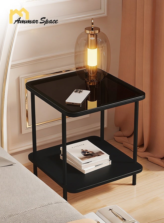 Ammar Space Square 2-Tier Side Table Black Frame & Grey Glass Top Modern Living Room End Table with Storage Coffee Table for Living Room Sofa, Suitable for Study, Bedroom 40x40x53cm - Image 1