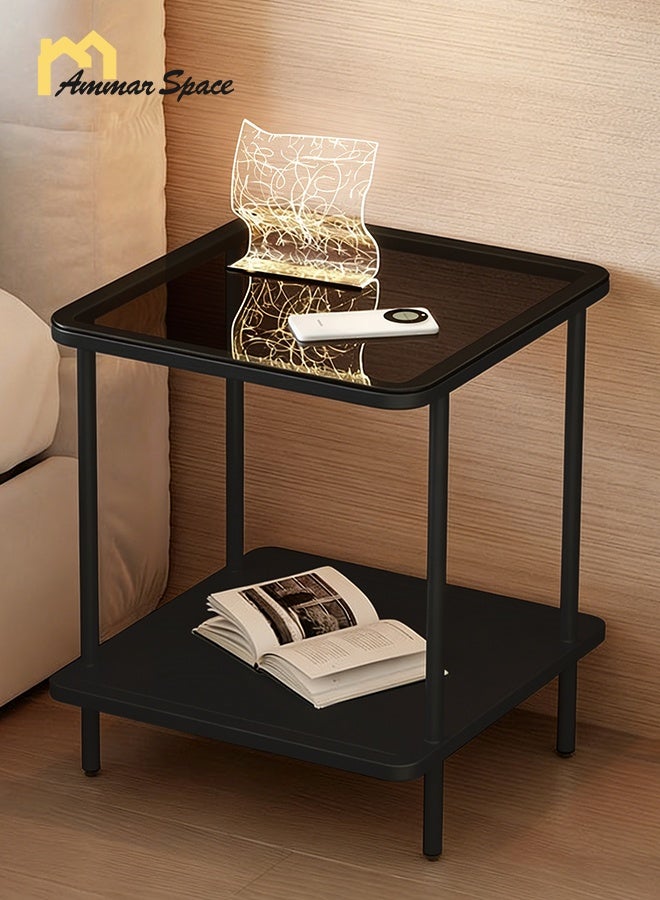 Ammar Space Square 2-Tier Side Table Black Frame & Grey Glass Top Modern Living Room End Table with Storage Coffee Table for Living Room Sofa, Suitable for Study, Bedroom 40x40x53cm - Image 2