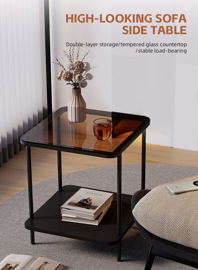 Ammar Space Square 2-Tier Side Table Black Frame & Grey Glass Top Modern Living Room End Table with Storage Coffee Table for Living Room Sofa, Suitable for Study, Bedroom 40x40x53cm - Image 3