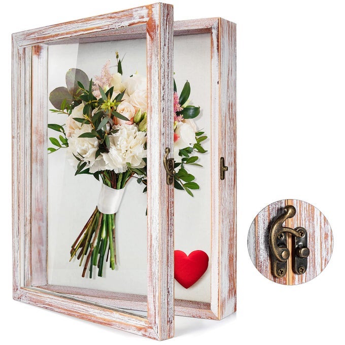 FLOWERS SHADOW BOX DISPLAY CASE 11 X 14 LARGE SHADOW BOX FRAME WITH GLASS WINDOW DOOR DEEP DEPTH PICTURE FRAME WEDDING BOUQUET MEMORABILIA MEDALS PHOTOS MEMORY BOX FOR KEEPSAKES WHITE PINK