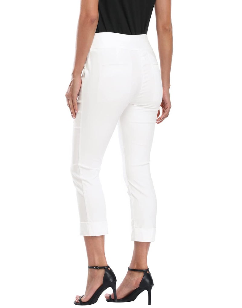 HDE Pull On Capri Pants for Women with Pockets Elastic Waist Cropped Work Pants White - L - Image 5
