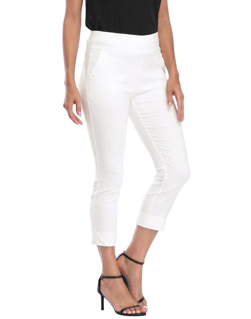 HDE Pull On Capri Pants for Women with Pockets Elastic Waist Cropped Work Pants White - L - Image 4