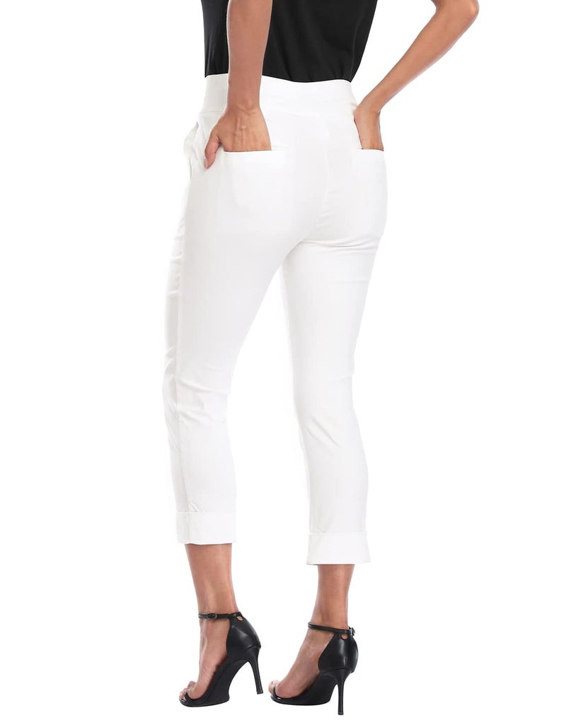 HDE Pull On Capri Pants for Women with Pockets Elastic Waist Cropped Work Pants White - L - Image 3