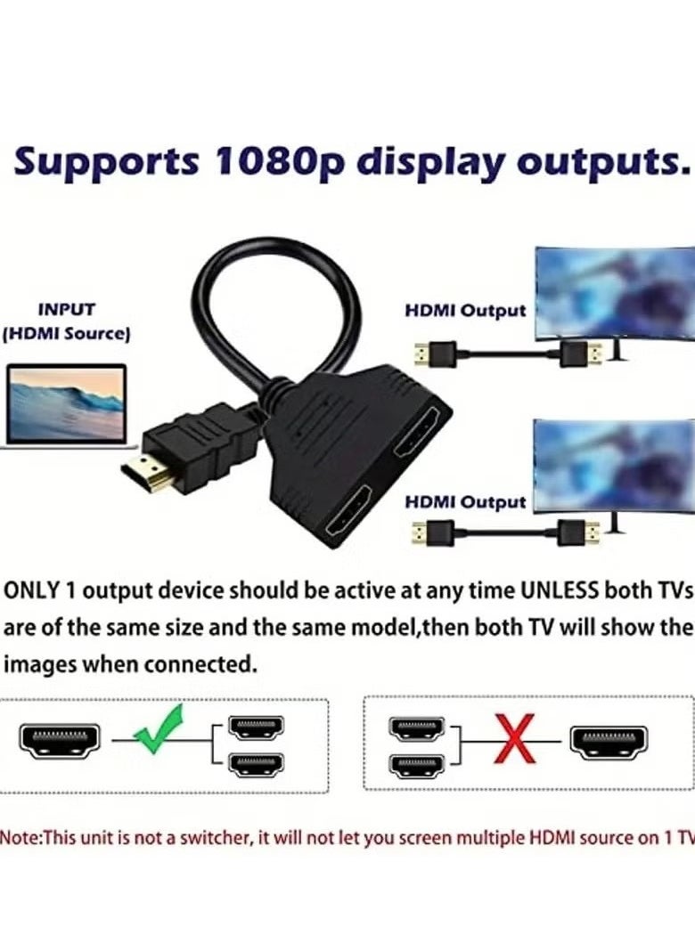 HDMI Splitter Cable Male 1 to 2 Way HDMI Adapter – 1080P, Dual HDMI Female Output for HDTV, LED, LCD – Supports Two TVs Simultaneously