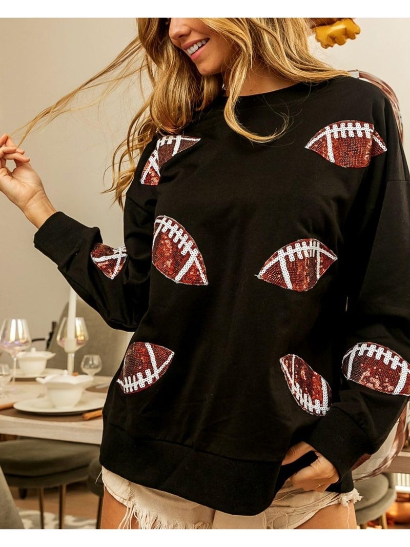Joiemont Womens Football Sequin Embroidery Loose Fit Sweatshirt Casual Crewneck Pullover Long Sleeve Gameday Tops(0486-Black-XL) - Image 5