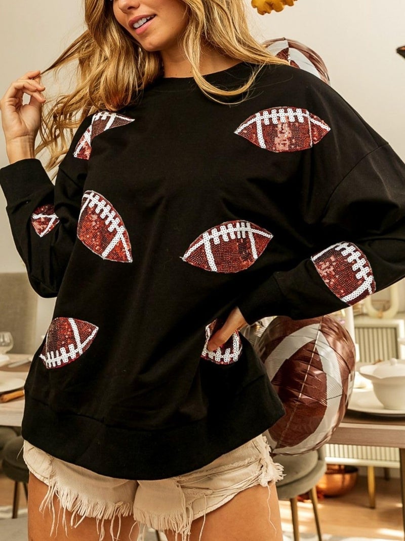 Joiemont Womens Football Sequin Embroidery Loose Fit Sweatshirt Casual Crewneck Pullover Long Sleeve Gameday Tops(0486-Black-XL) - Image 3