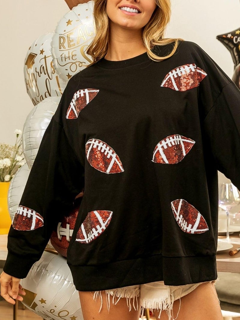 Joiemont Womens Football Sequin Embroidery Loose Fit Sweatshirt Casual Crewneck Pullover Long Sleeve Gameday Tops(0486-Black-XL) - Image 4