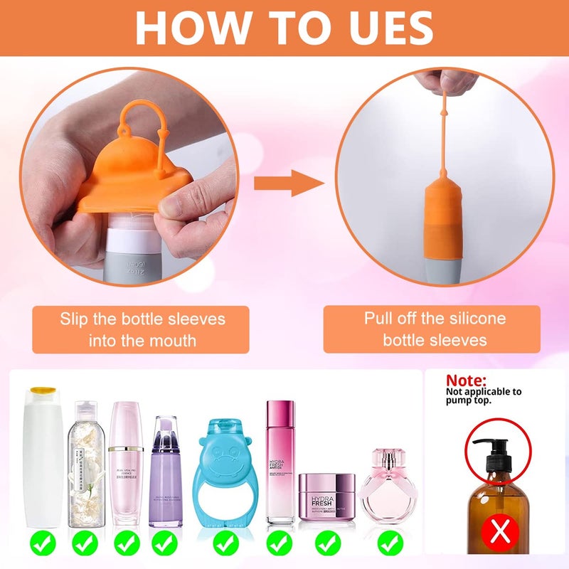 May Create ® 8Pcs Elastic Sleeves for Leak Proofing Travel Bottle Covers for Toiletries, Reusable Silicone Travel Container Sleeves with Pull Handle for Shampoo Lotion Leakproof Luggage Accessories - Image 3