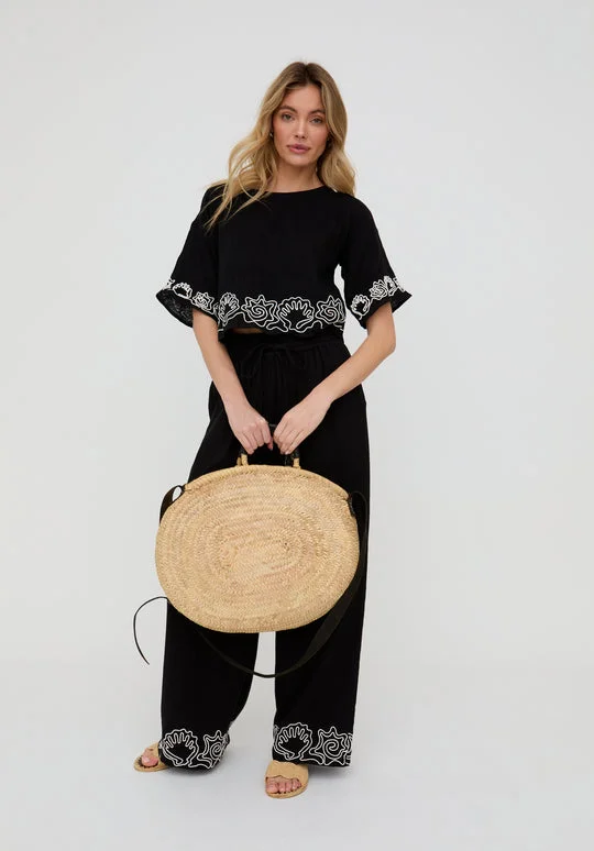 رافاي Milly Embroidered Split Open Back Blouse In Black