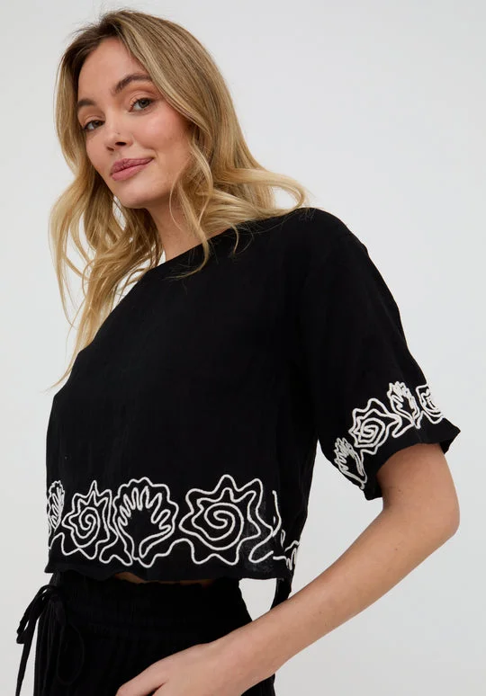 رافاي Milly Embroidered Split Open Back Blouse In Black