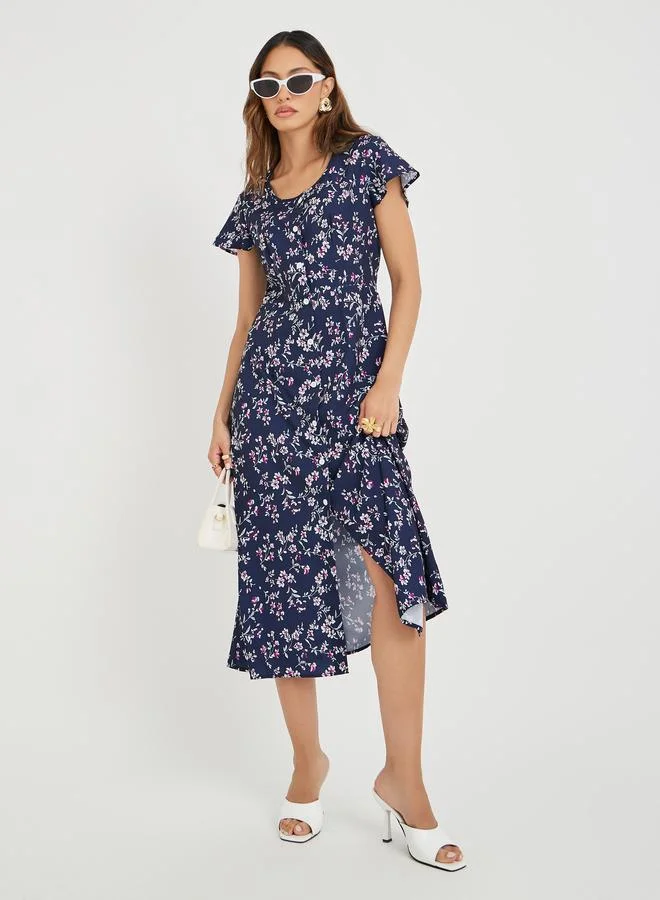 Take Two Take Two Women Navy Blue Floral Print Button Front A-Line Midi Dress