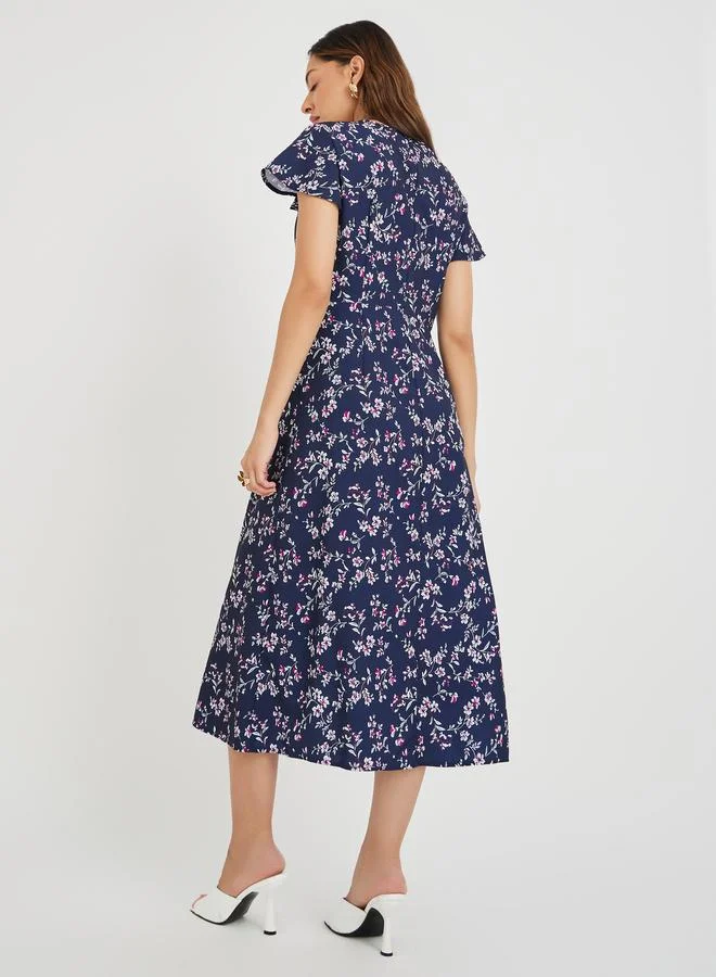تايك تو Take Two Women Navy Blue Floral Print Button Front A-Line Midi Dress