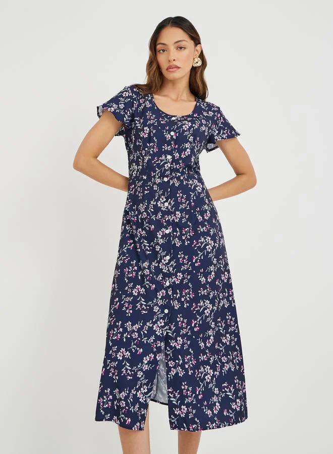 Take Two Take Two Women Navy Blue Floral Print Button Front A-Line Midi Dress