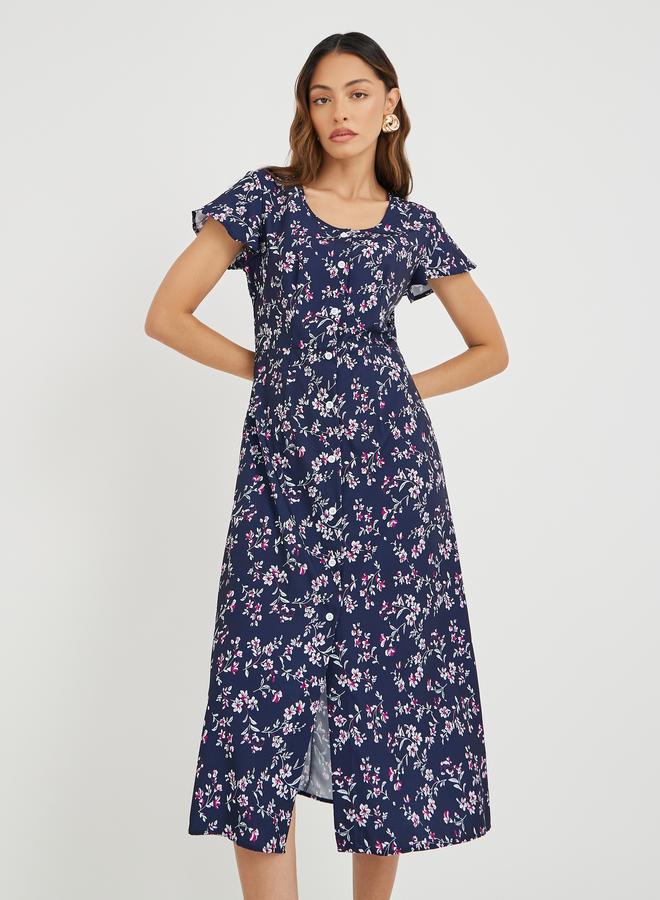 تايك تو فستان ميدي نسائي أزرق داكن بطبعات زهور وأزرار أمامية - Image 2